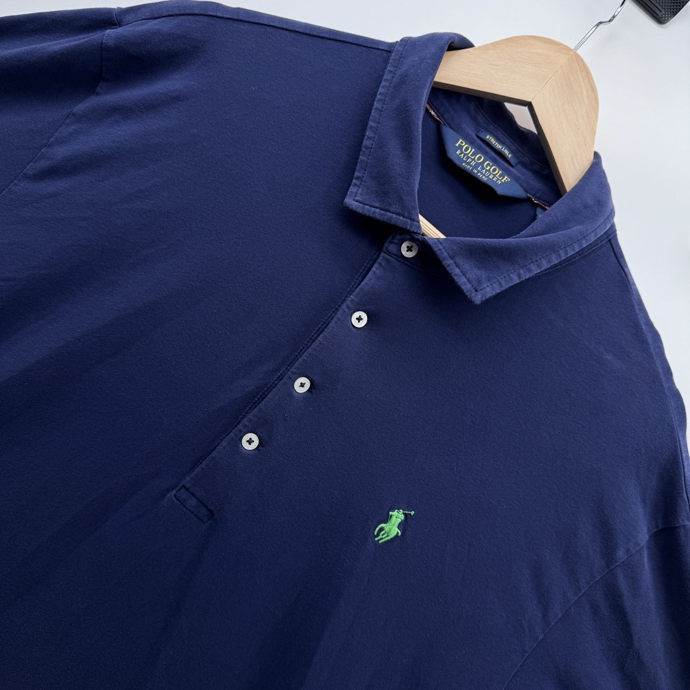 Polo Golf Ralph Lauren Men XL Navy Blue Short Sleeve Shirt Green Pony Stretch